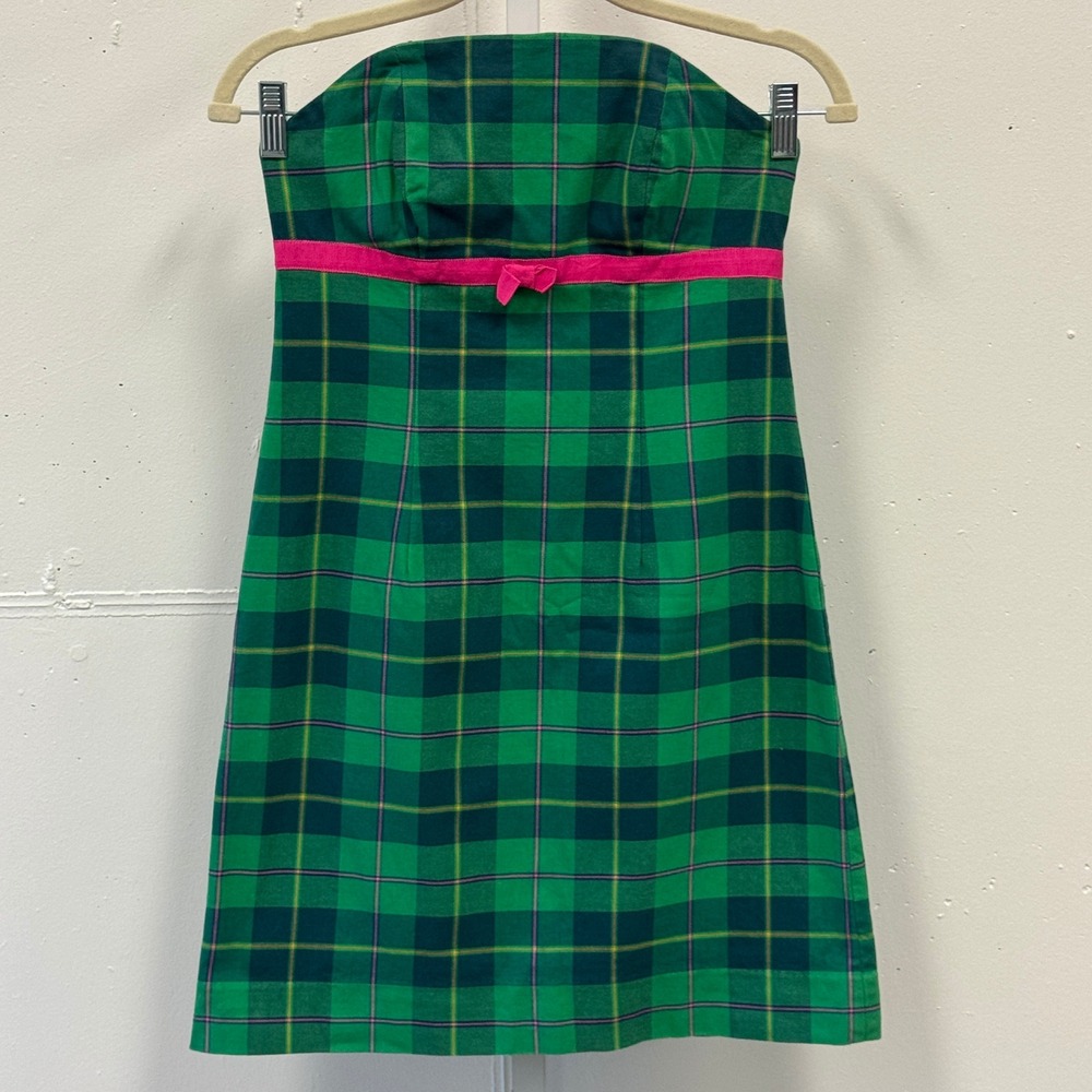 Y2K Lilly Pulitzer Green Plaid Strapless Mini Dress‎ Pink Bow Accent Size 0